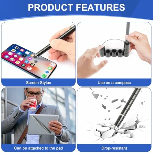 Multifunctional stylus pen with screen stylus, compass use, attachable to pad, and drop-resistant features.