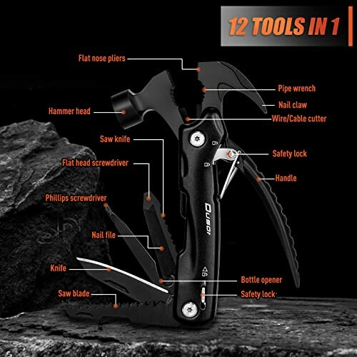 Multitool with 12 functions including hammer, pliers, knife, screwdriver, and more.