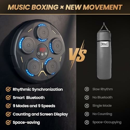 Comparison of music boxing pad and traditional punching bag with features listed.