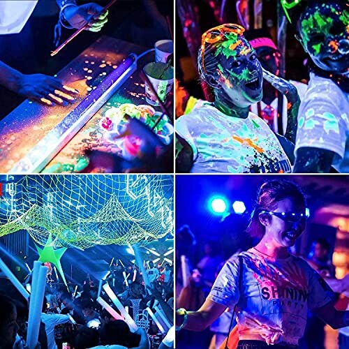 People enjoying a neon glow party with body paint and decorations.