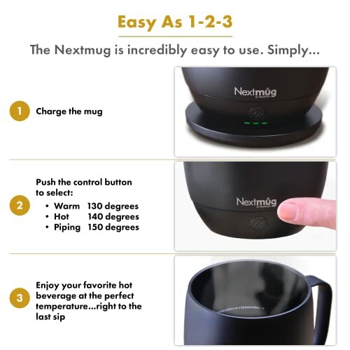 Nextmug usage instructions for charging, temperature control, and enjoying beverages.