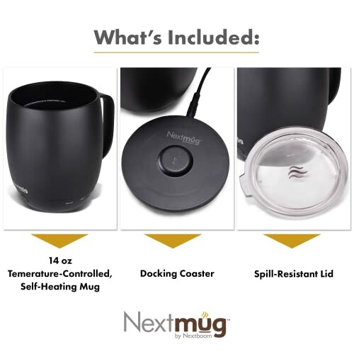 Nextmug set with self-heating mug, docking coaster, and spill-resistant lid.