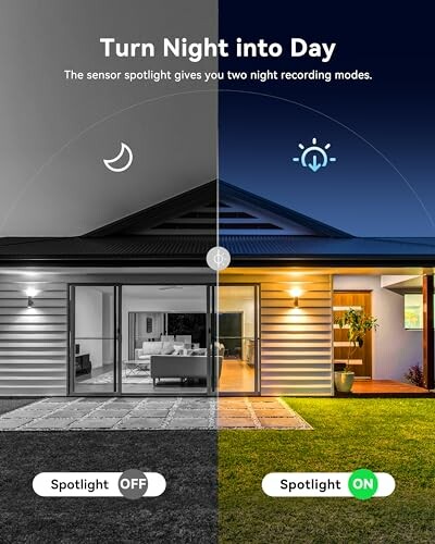 House with split view of night and day using sensor spotlight.
