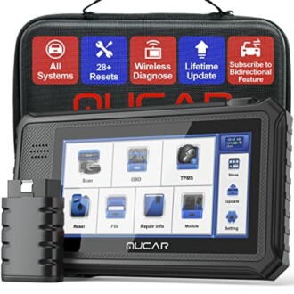 Nucar car diagnostic tool with OBD interface and touchscreen display.