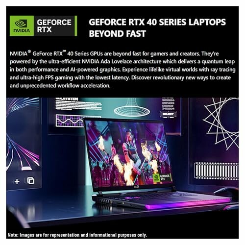 NVIDIA GeForce RTX 40 Series laptop advertisement highlighting fast performance and AI-powered graphics.
