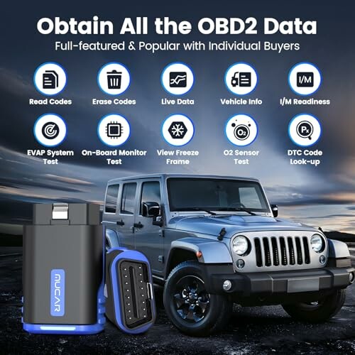 OBD2 scanner with Jeep showcasing features like code reading and vehicle info.