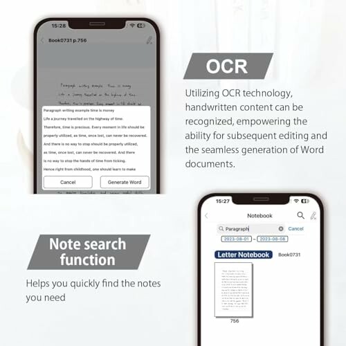 Image showing OCR and note search function on a smartphone.