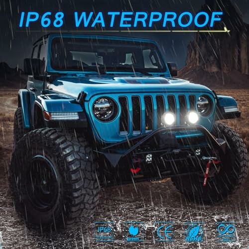 Off-road vehicle in rain showcasing waterproof capabilities.