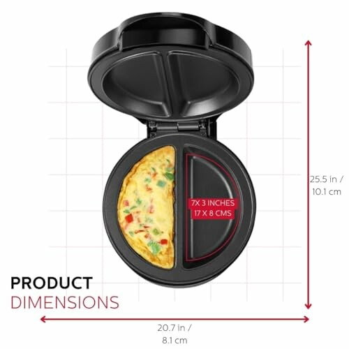 Open omelet maker showing dimensions in inches and centimeters.