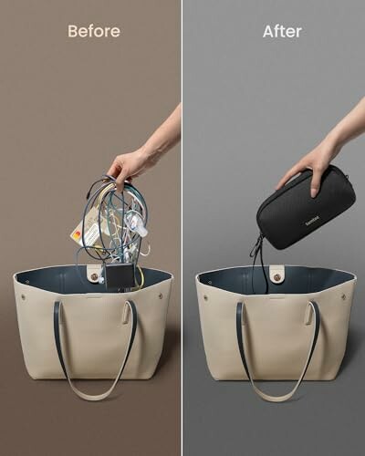 Comparison of a cluttered bag with cords and an organized bag with a pouch.