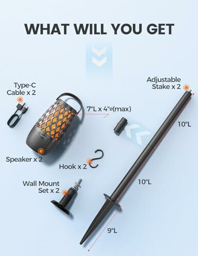 Contents of outdoor speaker package including speaker, cables, wall mount, and stake.
