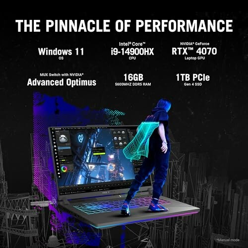 High-performance gaming laptop with specs: Windows 11, Intel i9-14900HX, NVIDIA RTX 4070, 16GB RAM, 1TB PCIe SSD.