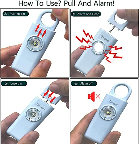 Instructions for using a personal alarm with pull pin and flashing light.