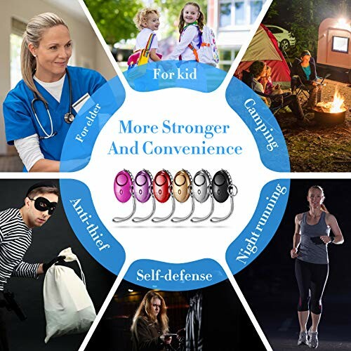 Collage showing personal alarm uses for elder, kids, camping, anti-theft, self-defense, and night running.