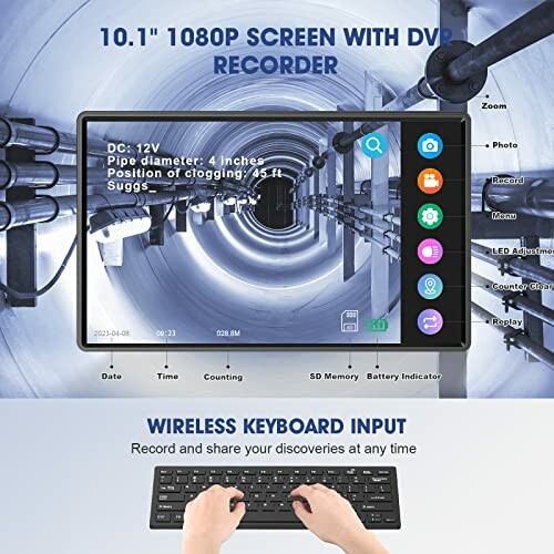 Pipe inspection camera system with 10.1-inch screen, wireless keyboard, and DVR recorder.