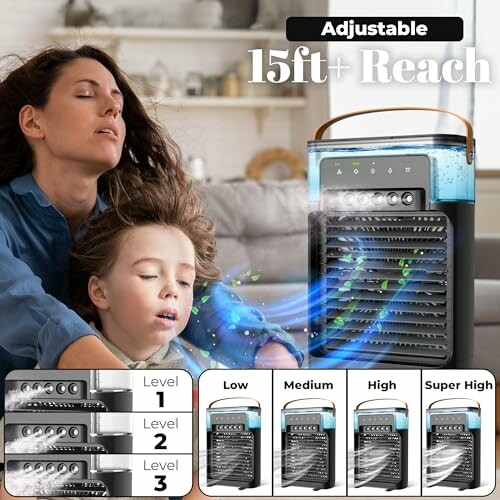 Portable air conditioner with adjustable settings cooling a woman and child.
