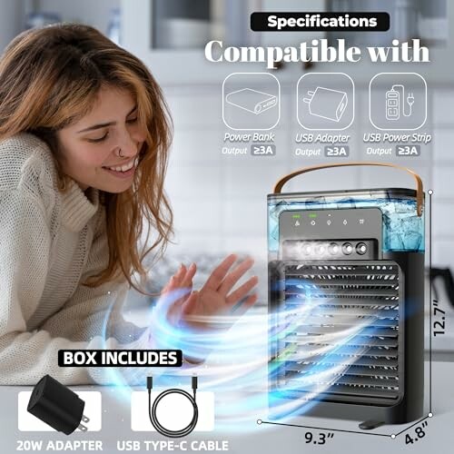 Woman using a portable air cooler with specifications and box contents displayed.