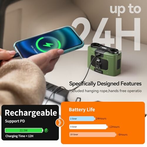 Person charging phone with portable charger, highlighting 24-hour battery life.