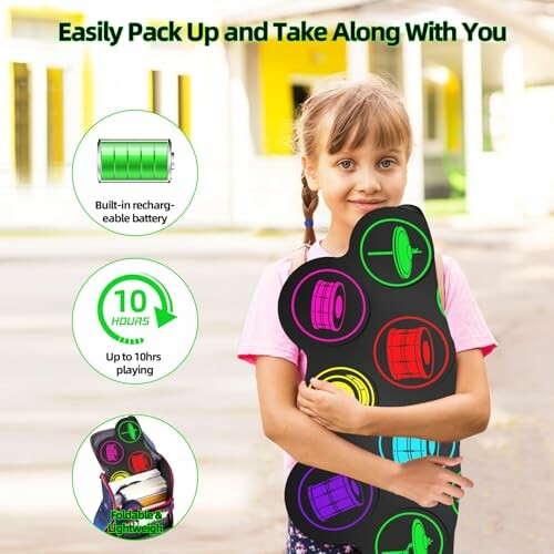 Girl holding a portable electronic drum kit with features listed.