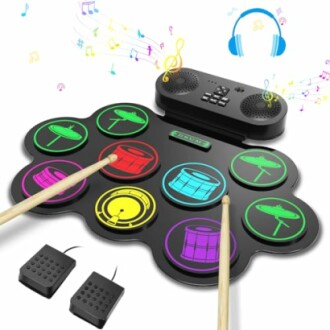 Portable electronic drum set with colorful pads, drumsticks, and pedals.