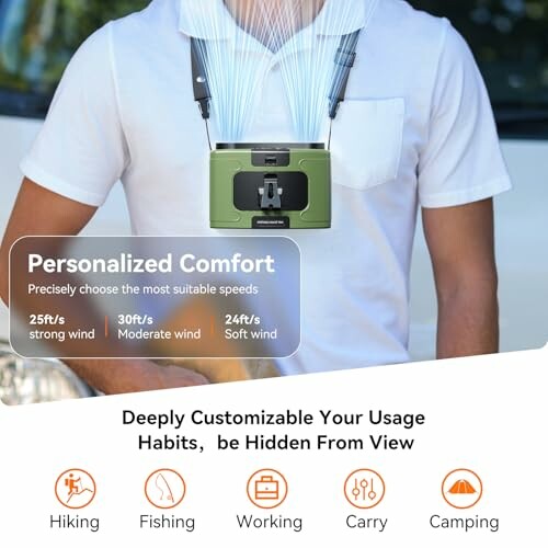 Person wearing a portable neck fan with adjustable speeds for comfort.