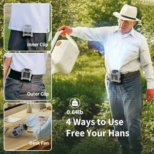 Man using portable fan with inner clip, outer clip, and desk fan options.