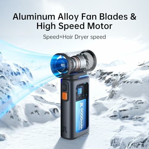 Portable hair dryer with aluminum alloy fan blades in snowy landscape