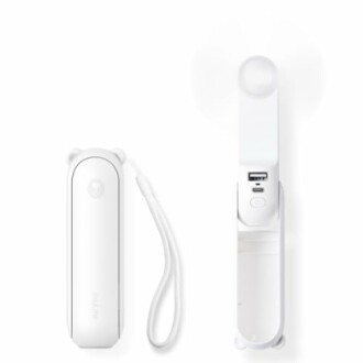 White portable handheld fan with USB charging port