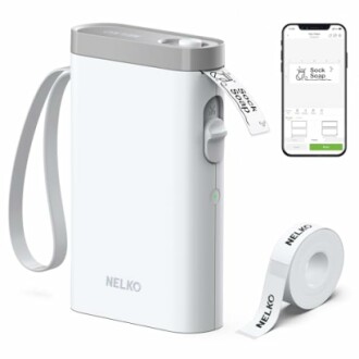 Portable label printer with app interface and label roll.