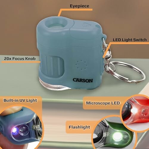 Portable keychain microscope with LED and UV lights.