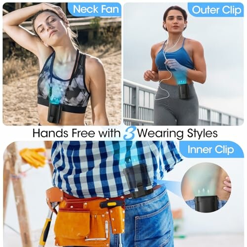 Hands-free portable fan with neck, outer, and inner clip styles.
