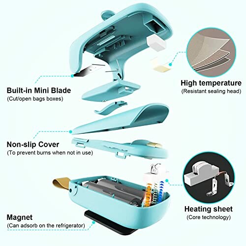 Portable sealer device with built-in blade, non-slip cover, magnet, and heating sheet for sealing bags.
