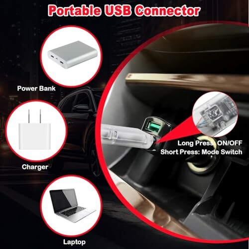 Portable USB connector with power bank, charger, and laptop.