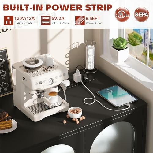 Coffee machine and tablet on counter with built-in power strip.