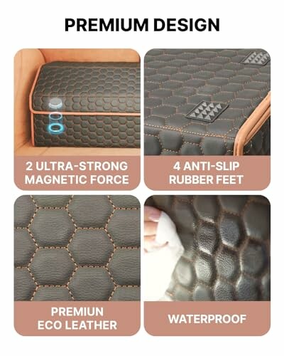 Close-up of premium eco leather with magnetic force, anti-slip rubber feet, and waterproof features.