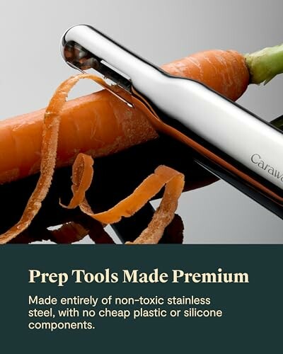 Stainless steel peeler with carrot and peels.