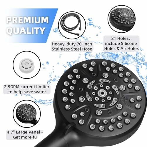 Premium quality shower head with hose and features highlighted.