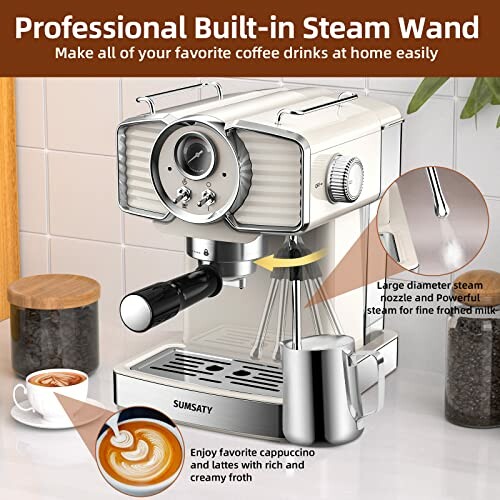 Professional coffee machine with built-in steam wand for home use.