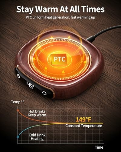 PTC drink warmer with temperature graph.