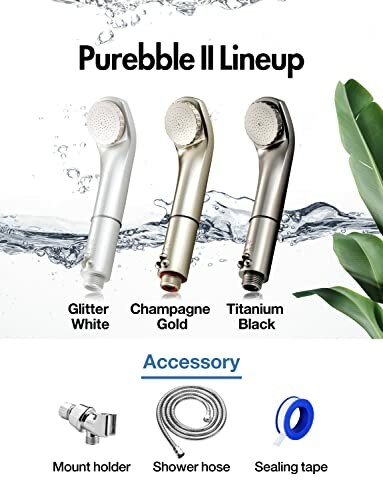 Three Purebble II shower heads in white, gold, and black with accessories.