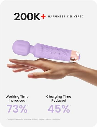 Purple massage wand with text about increased working time and reduced charging time.