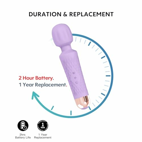 Purple massage wand with 2-hour battery life and 1-year replacement guarantee