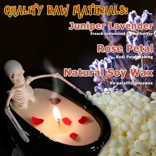 Candle with skeleton figurine, lavender, rose petals, and soy wax.