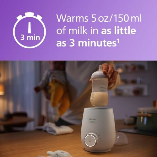 Philips Avent milk warmer heats 5 oz in 3 minutes.