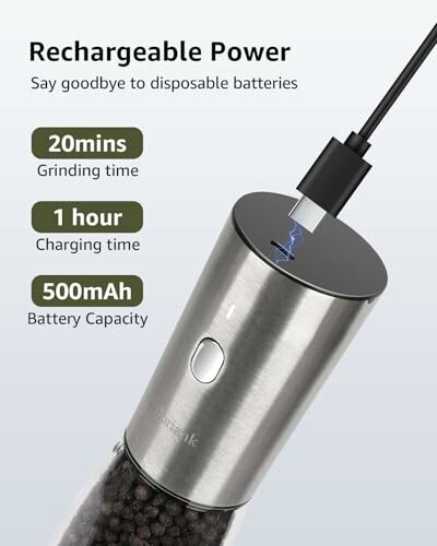 Rechargeable grinder with 20 mins grinding time, 1 hour charging time, and 500mAh capacity.
