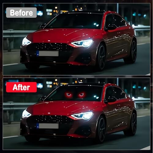 Red car driving at night with before and after comparison showing headlights change.