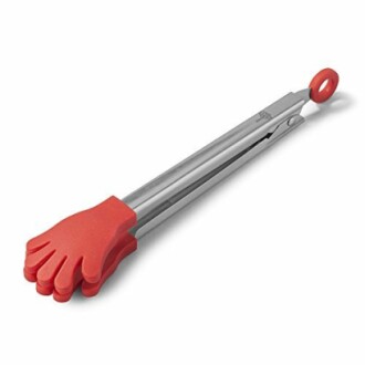 Red hand-shaped kitchen tongs with a stainless steel handle