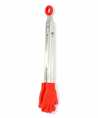 Red hand-shaped kitchen tongs with metal handle