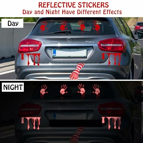 Car with reflective red handprint stickers showing different effects in day and night.