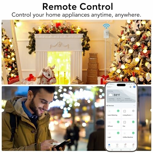 Smart home remote control with decorated fireplace and man using smartphone.